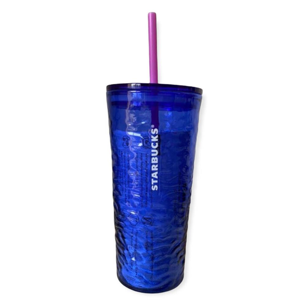 Starbucks 2021 Cobalt Blue~Wave Glass~18oz Tumbler with Pink Straw~HTF~NEW!!!
